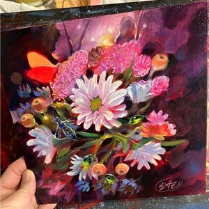 Butterfly Original floral Painting flower Still Life art surreal ladybugs garden